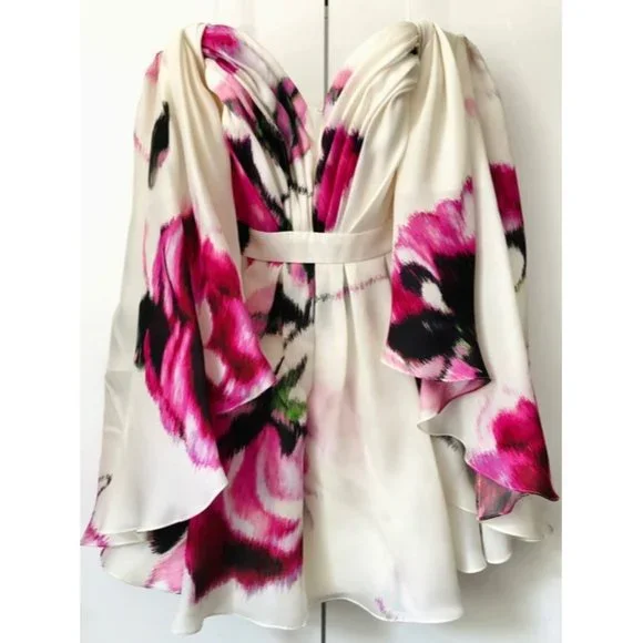 CAROLINA HERRERA Off The Shoulder Cape Effect Floral Print Silk Organza Dress